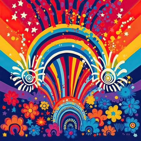 Rainbow with flowers and stars on a colorful background. Vector illustration.の素材