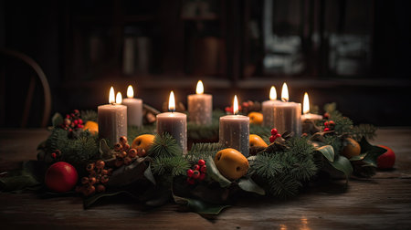 christmas decoration with burning candles on rustic wooden table in dark roomの素材