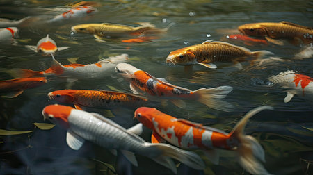 Koi fish swimming in the pond, closeup of photo.の素材