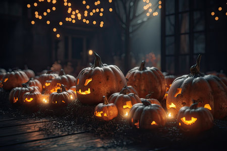 Halloween pumpkins on rustic wooden background with lights and fogの素材