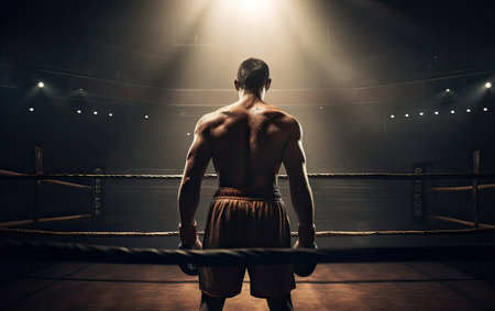 Rear view of a young boxer standing in boxing ring at nightの素材