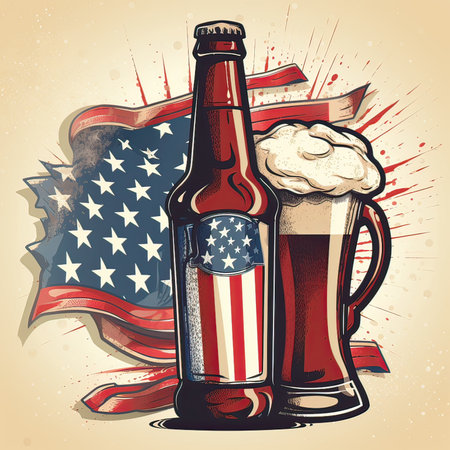 Vector illustration of a beer bottle and a glass of beer on the background of the American flag.の素材
