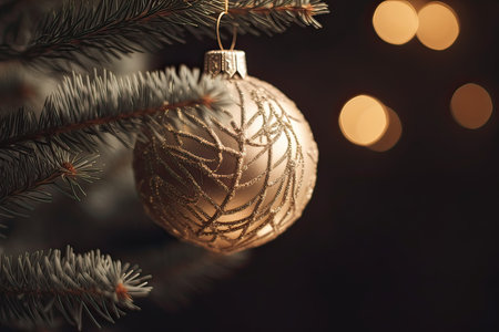 Christmas tree with golden bauble and bokeh lights on backgroundの素材