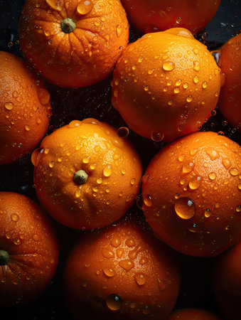 Fresh orange fruits with water droplets on dark background. Top view.の素材