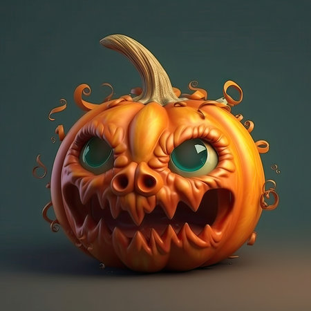 Halloween pumpkin with scary face. 3D illustration. Halloween concept.の素材