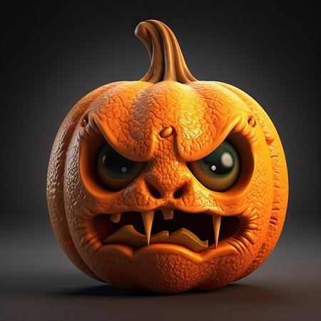 Halloween pumpkin with scary face on dark background. 3d illustrationの素材