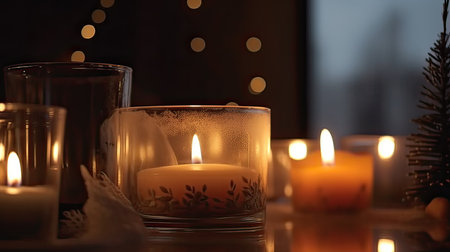 Burning candles and Christmas decor on table in room, closeupの素材