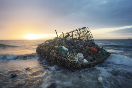 Abandoned fishing boat in the sea at sunset. Nature composition.の素材