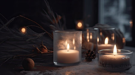 Burning candles in the interior of the room. Christmas decoration.の素材