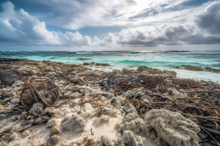 Tropical beach with plastic trash on the sand in Seychellesの素材
