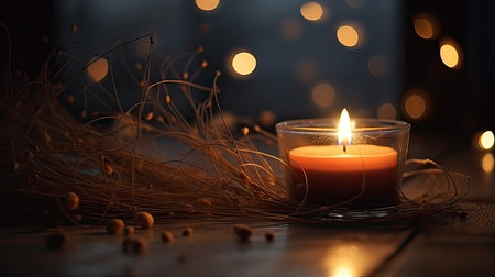 Burning candle on wooden table with bokeh lights on backgroundの素材