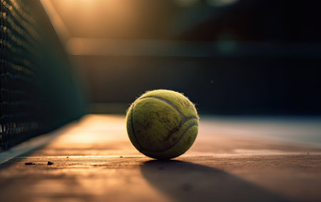 Tennis ball on a tennis court. Selective focus with shallow depth of field.の素材