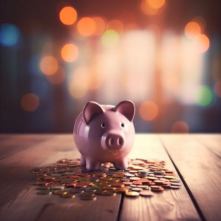 Piggy bank with coins on bokeh background. Saving conceptの素材