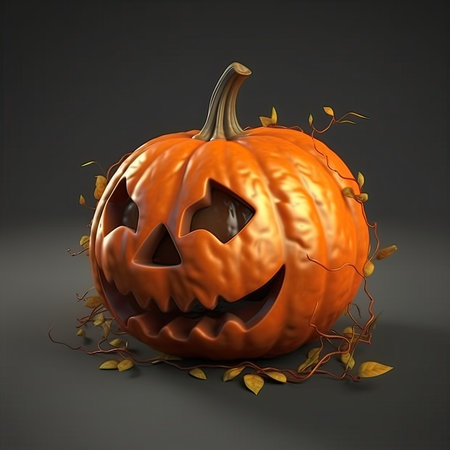 Halloween pumpkin on dark background. 3D illustration. Halloween concept.の素材
