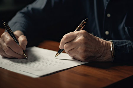 Close-up of an elderly man signing a contract with a fountain penの素材