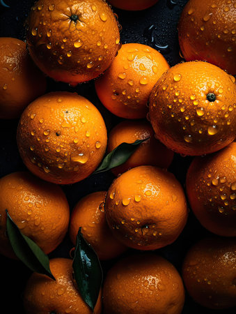 Oranges with drops of water on a dark background. Top view.の素材