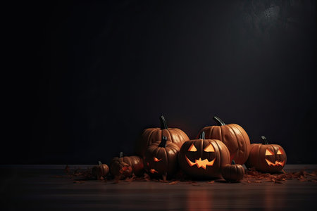 Halloween pumpkins on wooden table against dark background, space for textの素材