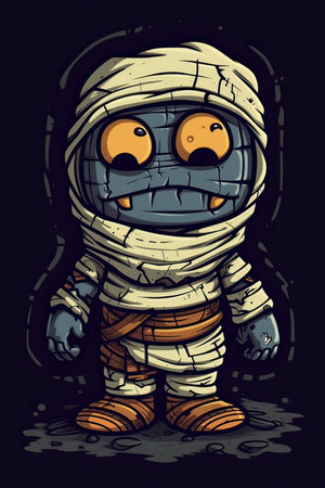 Cute cartoon mummy on dark background. Vector clip art illustration.の素材