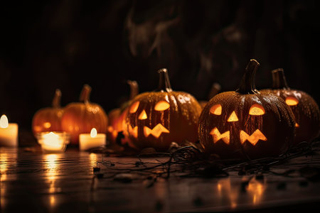 Halloween pumpkins with burning candles on dark background, shallow depth of fieldの素材