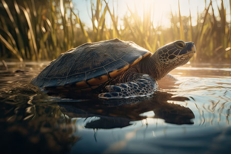 Turtle in the water at sunset. Wildlife scene from nature.の素材