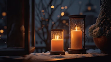 Burning candles on a background of a winter landscape. Christmas decoration.の素材