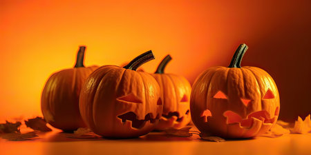 Halloween pumpkins with scary faces and autumn leaves on orange backgroundの素材