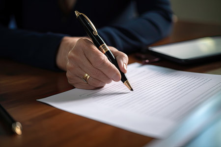 Close-up of a businesswoman signing a contract with a penの素材