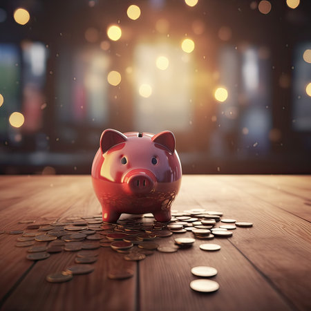 Piggy bank with coins on wooden table and bokeh background.の素材