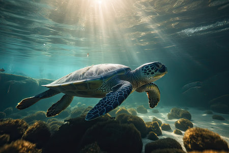 Green sea turtle swimming underwater with sun rays and corals in backgroundの素材