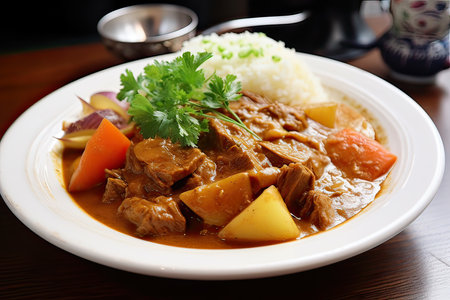 Beef curry with rice in a white plate on a wooden tableの素材