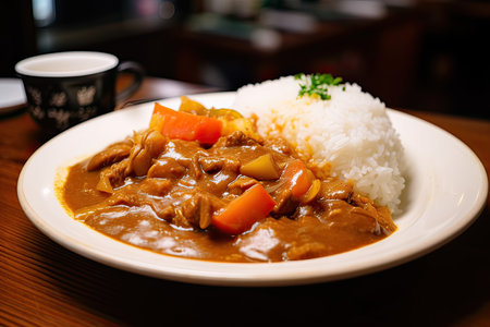 Japanese curry with rice on a wooden table in a restaurant, close upの素材