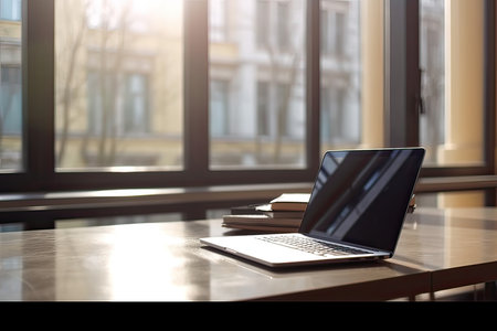 Laptop on a table with books in the background of the windowの素材