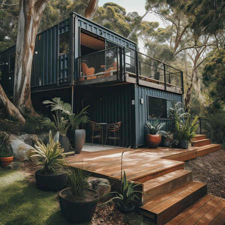Modern house with wooden terrace and green plants in the garden.の素材