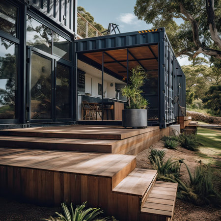 Exterior of modern house with wooden terrace and green plants.の素材