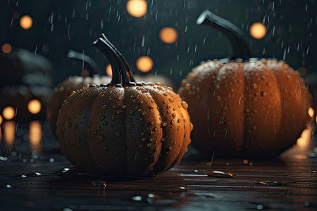 Halloween pumpkins with water drops and bokeh background.の素材