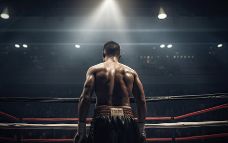 back view of boxer in boxing ring looking at spotlights on dark backgroundの素材