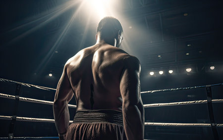 Rear view of a boxer standing in the ring at night.の素材
