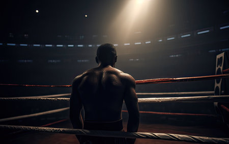 Rear view of a young boxer standing in the ring at nightの素材
