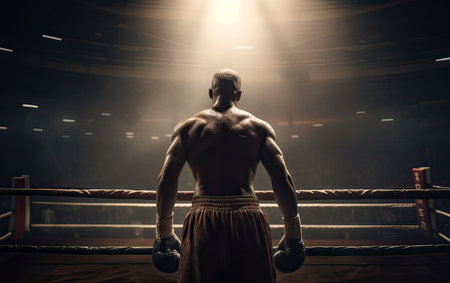 Male boxer in boxing ring. Back view of a young boxer in boxing ring.の素材
