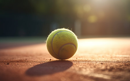 Tennis ball on the court at sunset. Close-up.の素材