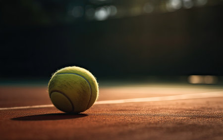 Tennis ball on the tennis court. Selective focus and shallow depth of fieldの素材