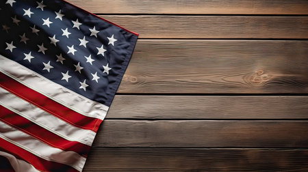 American flag on a wooden background. Top view with copy space.の素材