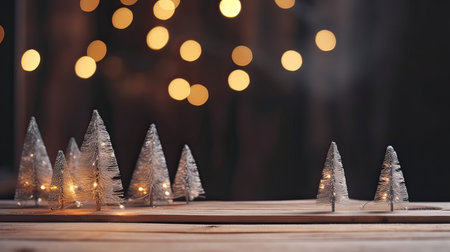 Christmas tree on wooden table with bokeh lights in the backgroundの素材