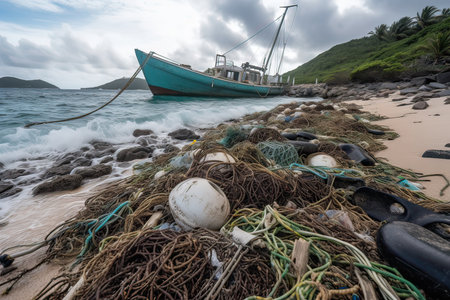 Fishing boat on the beach with fishing nets and fishing gear.の素材