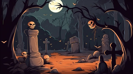 Halloween background with graveyard and graves. Vector illustration in cartoon styleの素材