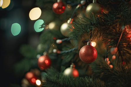 Christmas tree with red and gold balls on the bokeh backgroundの素材