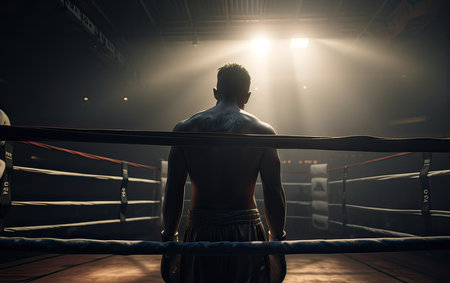 Rear view of a male boxer standing in the corner of a boxing ring.の素材