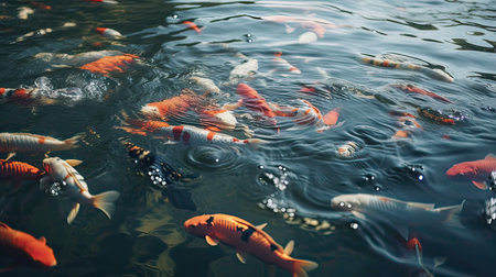Koi fish swimming in the pond. Colorful fishes in the pond.の素材
