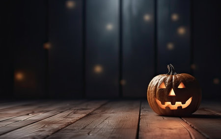Halloween pumpkin on wooden background with copy space. Jack o lantern.の素材
