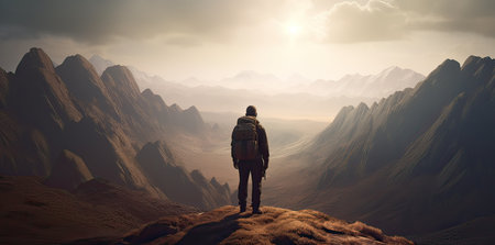 Man with a backpack on the edge of a mountain. 3d renderingの素材